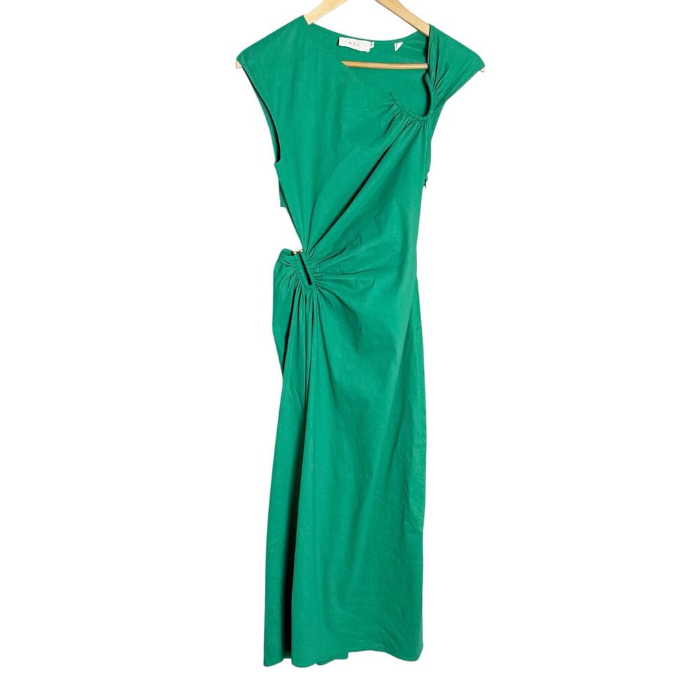 A.L.C. Beale Solid Green Cap Sleeve Asymmetric Linen Blend Midi Dress Size 0 - Picture 3 of 11